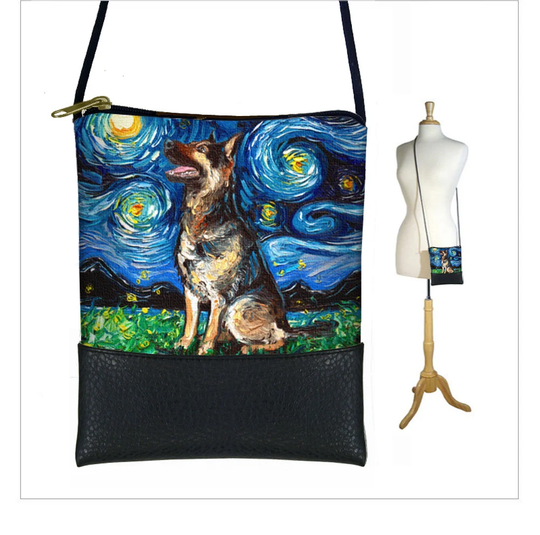 Sg German Shepherd Gift, Small Crossbody Bag, Starry Night Cell Phone Purse, Mini Shoulder Bag, Van Gogh Dog Lover Blue Black Rts