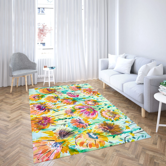 Original Water Color Painting Rug, Floral Area Rugs, Popular Living Modern Non Slip Home Decor Farm House Decor