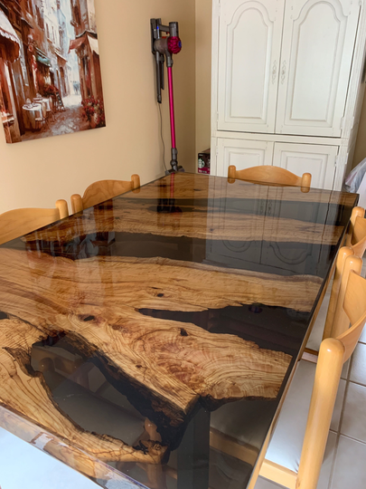 Olive Wood Epoxy Table, Dining River Custom 60" X 36" Black Order For Hillary