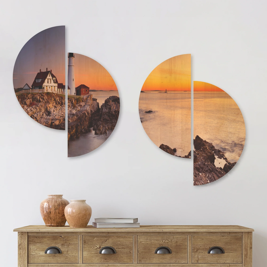 Designart 'Portland Head Lighthouse Maine' Modern Seascape Wood Wall Art Set of 4 Half Circles - Multi-Color