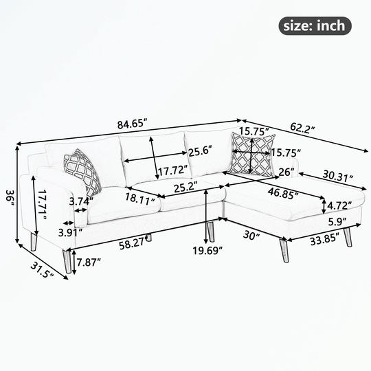 L-Shape Sofa Couch with Chaise and 2 Pillows