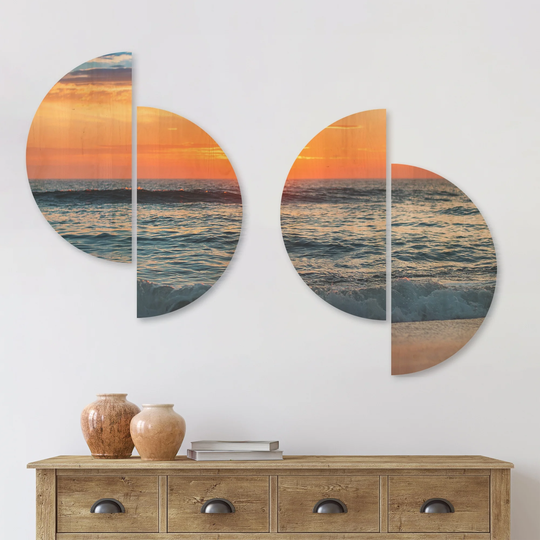 Designart 'Beautiful Sunrise over the Horizon' Modern Beach Wood Wall Art Set of 4 Half Circles - Multi-Color