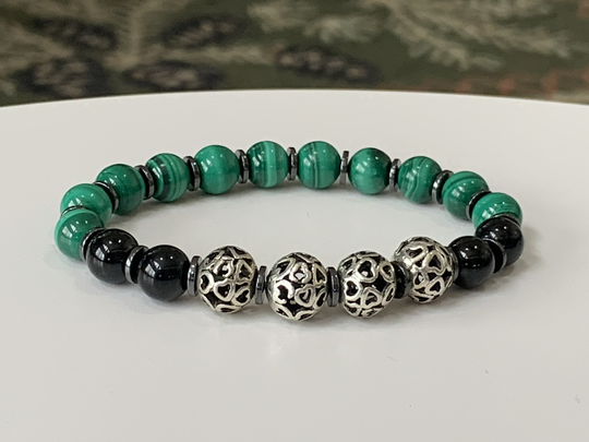 Malachite & Black Tourmaline Bracelet, Stretch Natural 8mm Grade Aaa Gemstones, Aa Hematite, Gemstone Bracelet