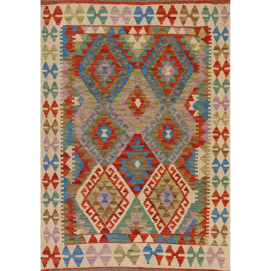 South Western Kilim Oriental Rug Hand-woven Multi-Color Wool Carpet - 3'4" x 4'10"
