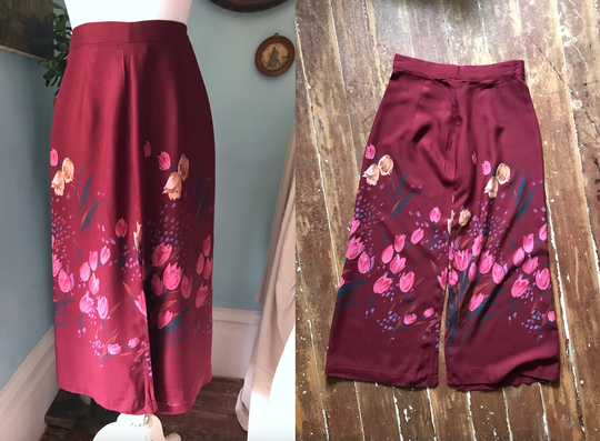 Vintage 1970's X Small Bohemian Rayon Skirt Split Deco Floral Merlot Thin Pencil Union Made in Usa