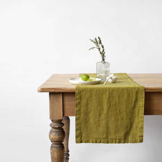 Moss Green Washed Linen Table Runner. Scandinavian Style Softened
