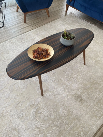 Wooden Ellipse Ebony Coffee Table, Mid Century Modern Rustic Round Center Table, Ebony