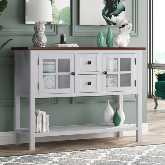 45'' Modern Sideboard Cabinet Side End Table Sofa Table Console Table with 2 Drawer&2 Cabinet&1 Shelf, White+Brown