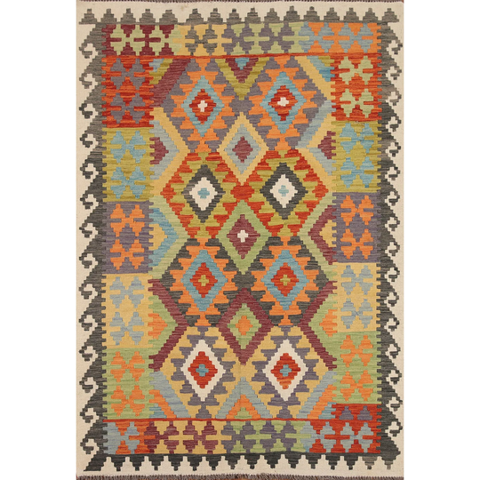 Reversible Multi-Color Kilim Area Rug Flat-weave Wool Carpet - 4'10" x 6'6"