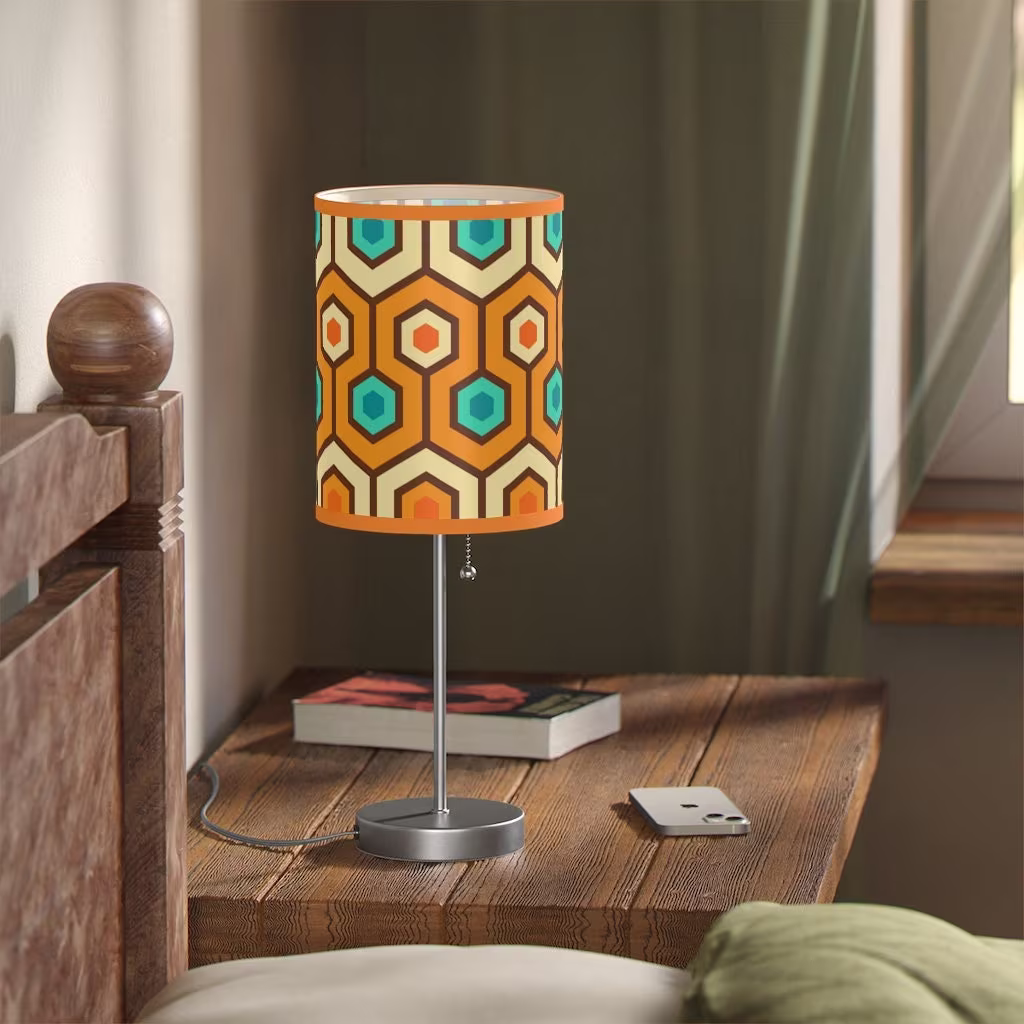 Funky Retro Geometric Table Stand Lamp in Orange, Teal & Cream With Wrap-Around Shade & Switch For Living Room, Bedroom, Home Office