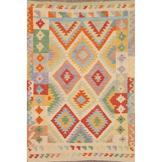 Multi-Color Geometric Kilim Rug Hand-woven Oriental Wool Carpet - 5'0"x 6'8"