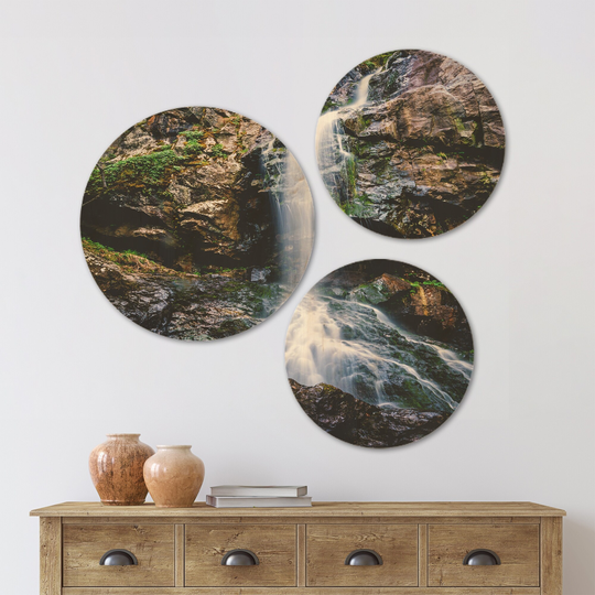 Designart 'Waterfall in Sofia Bulgaria' Landscape Wood Wall Art Set of 3 Circles - Multi-Color
