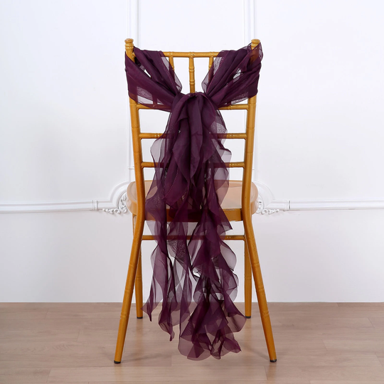 Set Of 6 Strands - Eggplant Chiffon Sash For Chair Decor, Wedding Sash, Chiavari Sashes