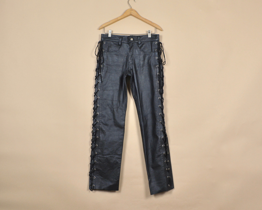 Vintage Motorcycle 80S/90S Side Lace Leather Biker Black Pants