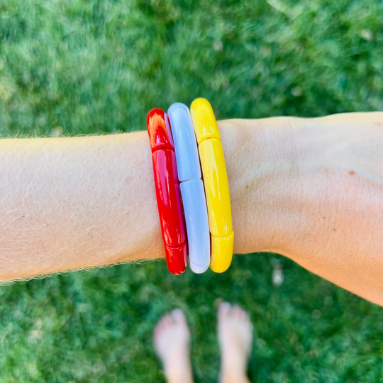 Kansas City Inspired Chief Tube Bead Bracelet Red, Yellow, White, Gold Acrylic Bamboo Kc Chiefs Womens Jewelry