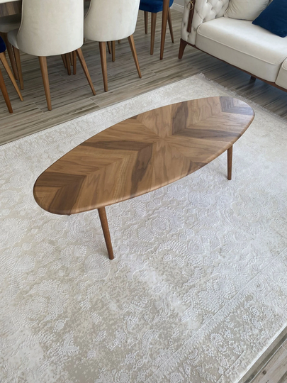 Wooden Ellipse Walnut Coffee Table, Mid Century Modern Rustic Round Center Table, Table, Walnut, Book Match