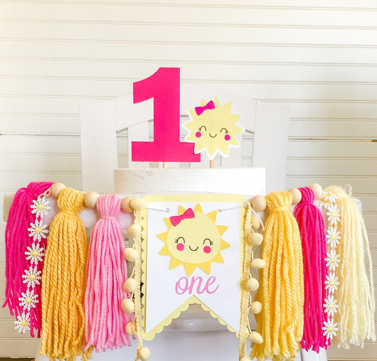 Sun Sunshine Birthday High Chair Yarn Tassel Banner, Cake Smash Backdrop First Birthday, Topper