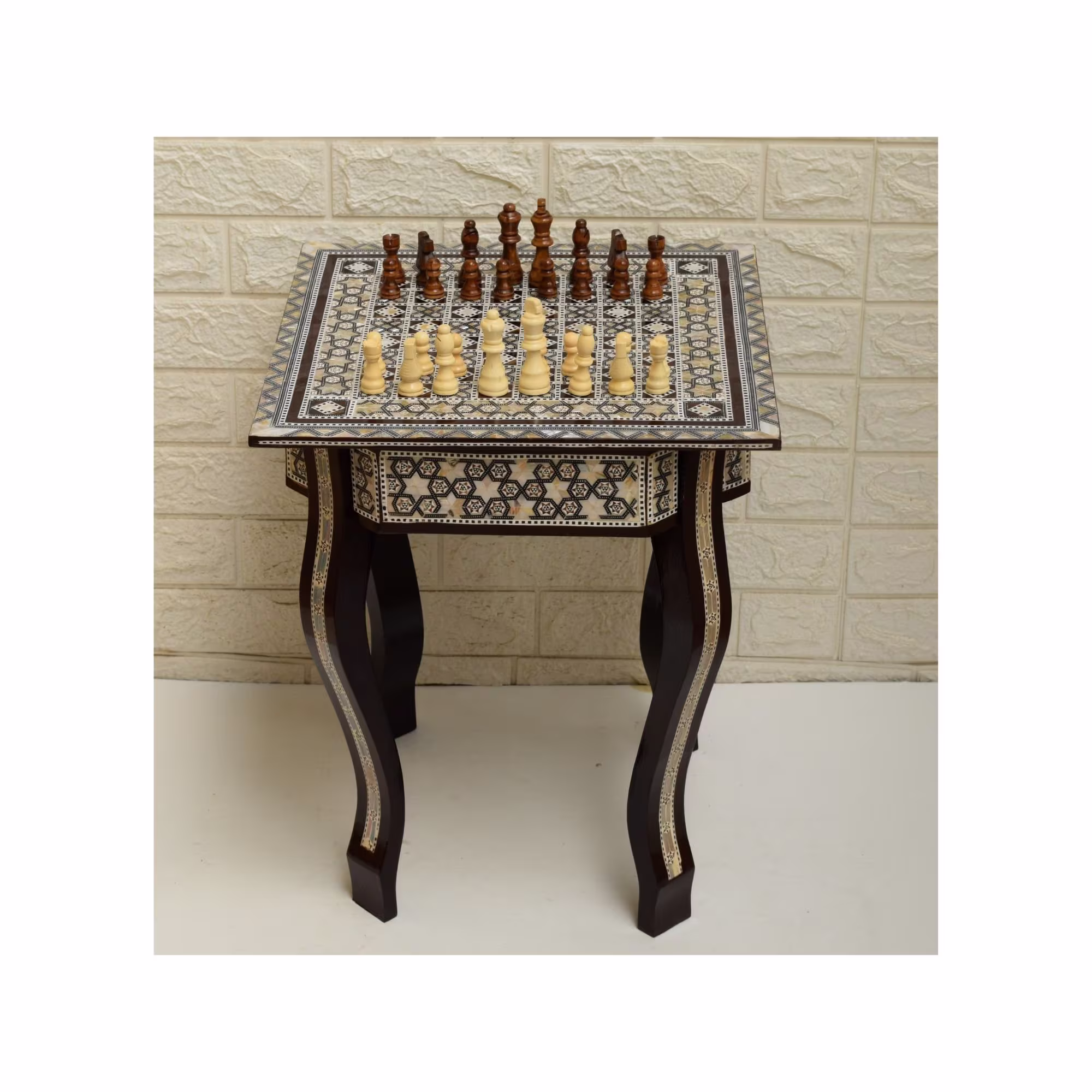 Chess Game Table With 2 Drawers, Board 16" Square Egyptian Mother Of Pearl Inlaid Side Table, Moroccan Coffee Home Décor