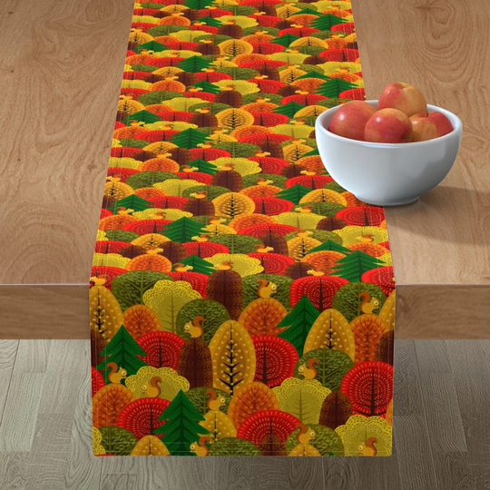 Forest Squirrels Table Runner - By De Zigns Squirrel Leaves Trees Leaf Autumn Nut Nuts Cotton Sateen Spoonflower