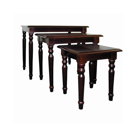 3 Piece Wooden Nesting Tables with Turned Tapered Legs, Cherry Brown - 19 H x 14 W x 22 L Inches