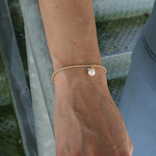 Fresh Water Pearl Gold Filled Bracelet, Charm Isabella Celini, Beads, Stretch Stacking Bridesmaid Gift