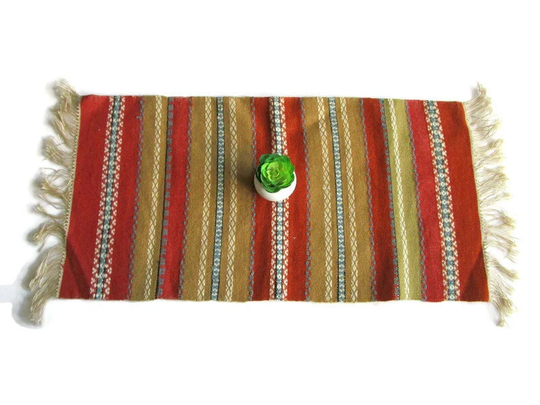 Vintage Swedish Wool Table Runner Brown Orange Blue Topper Scandinavian Linens Geometric Design Mcm