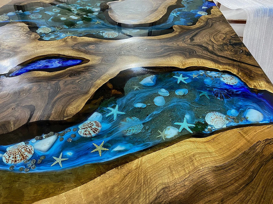 Epoxy Table Walnut Wood Ocean Blue Aquarium - Live Edge Seashell Design Coffee Coastal View Dining