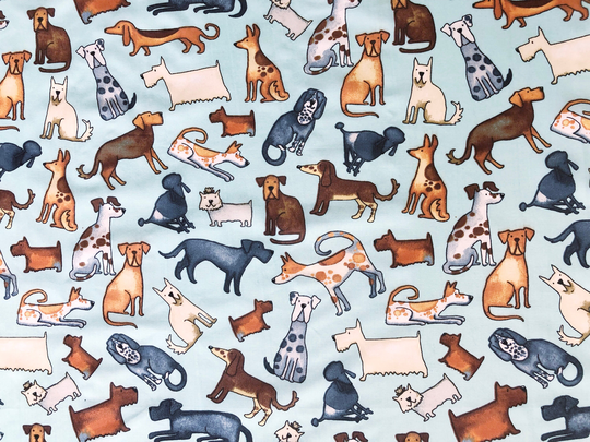 Dog Family Illustration All Over Light Blue Quilting Cotton Fabric By 1/4 Or 1/2 Yard, Fat Quarter Fabric, Lover