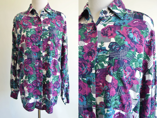 Colorful Floral Purple Turquoise & Blue Rose Print With Checkered Plaid Background 1990S Vintage Long Sleeve Button Up Funky Medium