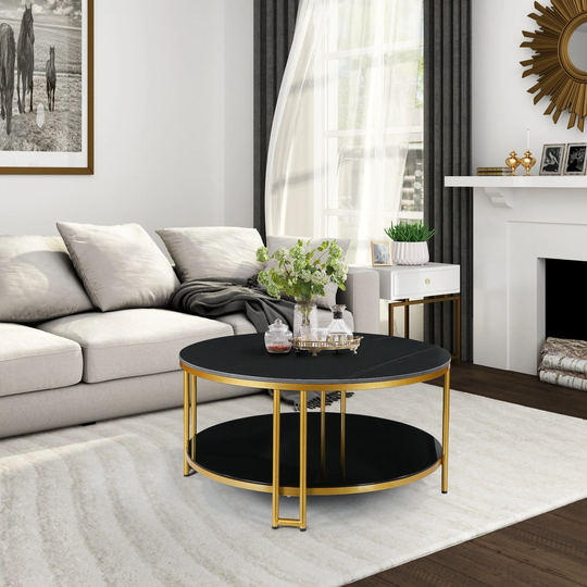 Marsie Modern Black Gold Round Coffee Table Two-tier Tempered Glass Storage Marble Table Top - 36''D x 17.5" H