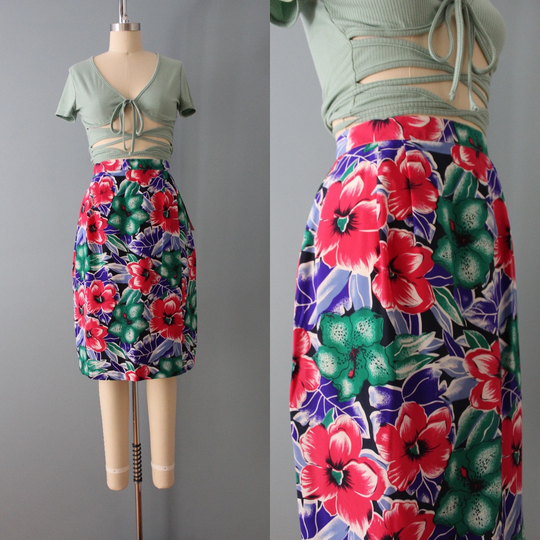 Botanical Silk Pencil Skirt | 1980S New Old Stock Nwt Bright Floral Wrap