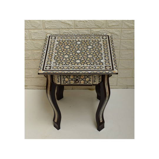 Moroccan Bedside Table, 16" Square Egyptian Mother Of Pearl Inlaid Table With 2 Drawers, Morocco Mosaic Wooden Coffee & End