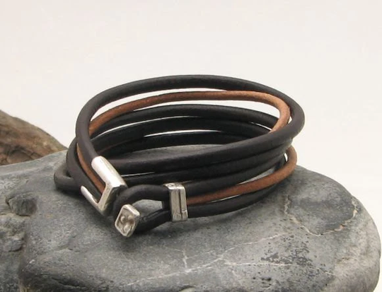 Unisex Leather Bracelet. Black & Natural Multi Strap, Bangle Bracelet With Silver Plated Clasp