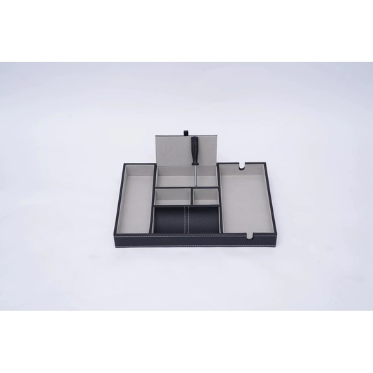 Stylish Black and Gray Faux Leather Storage Compartment Tray - 1.57" x 13.78" x 9.45" - 1.57" x 13.78" x 9.45"