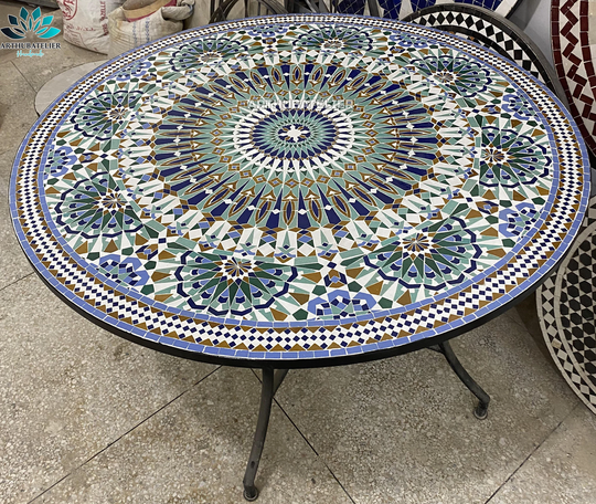 Amazing Mosaic Table For Outdoor & Indoor Unique Mandala Design 100% Handcrafted, Large Luxury Round Table Made From Green Tiles