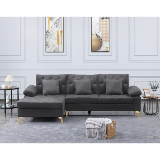 Modern 3 Seat L-shaped Sectional Sofa Velvet Upholstered Sofa & Left Hand Facing Chaise with Pillow Top Arms and Metal Legs