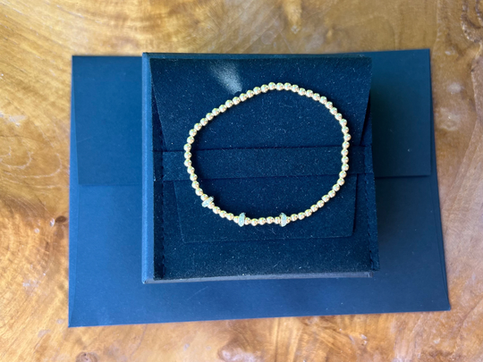 14K 3mm Gold Beaded Bracelet With 14K 5mm Diamond Roundel - Stretch
