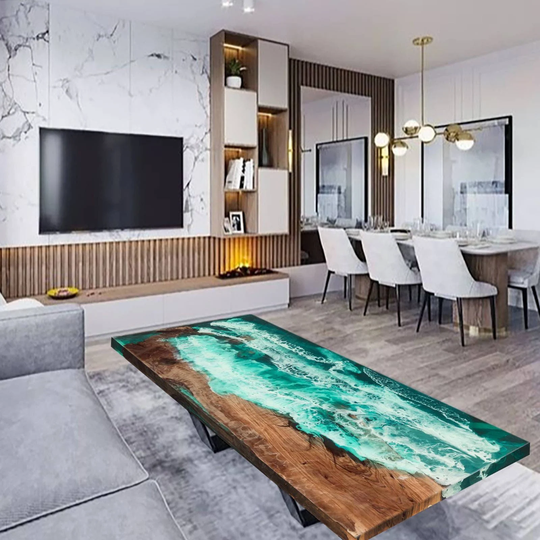 Custom Ocean Table, Ocean Epoxy Dining Room Natural Edge, Resin Walnut Kitchen Made By Elawooodshop