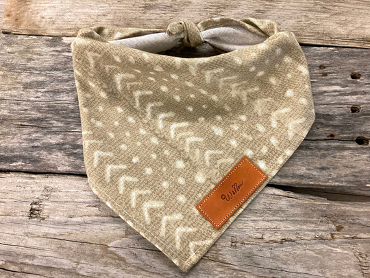 Dog Bandana, Angola Mudcloth Basketweave Safari, Traditional Tie, Personalized Leather Name Tag Scarf, Pet Accessories