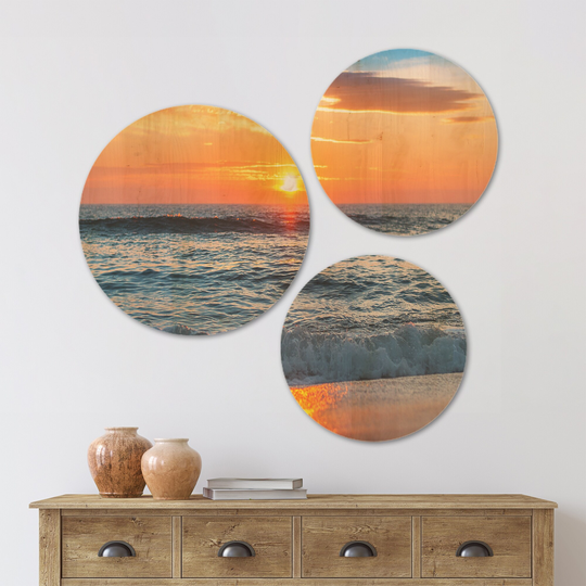 Designart 'Beautiful Sunrise over the Horizon' Modern Beach Wood Wall Art Set of 3 Circles - Multi-Color