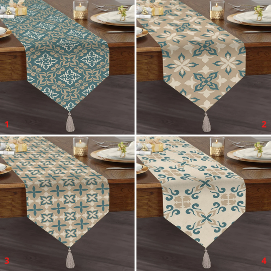 Tile Printed Table Runner, Traditional Triangle Top, Ethnic Tablecloth, Tasseled Authentic Oriental Decor, Gift For Her