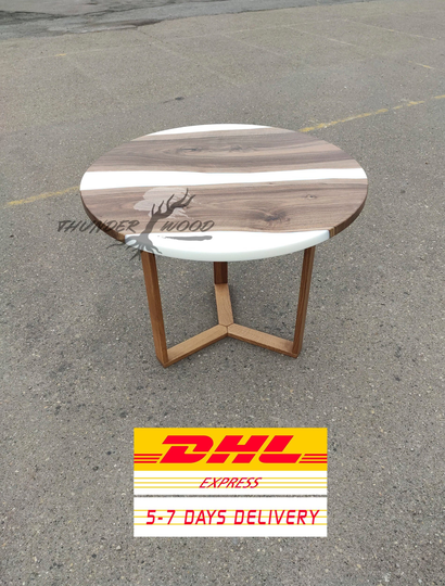 Round Wooden Table, Wood Walnut White Epoxy Resin Coffee Living Room Modern Custom Table
