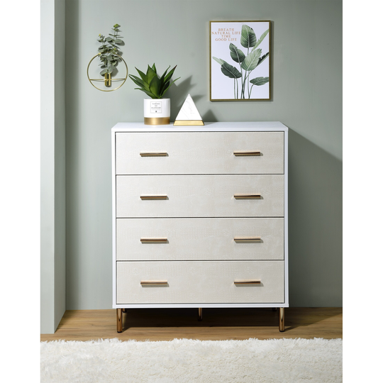 Chest with 4 Drawers Storage Space White Champagne & Gold Finish