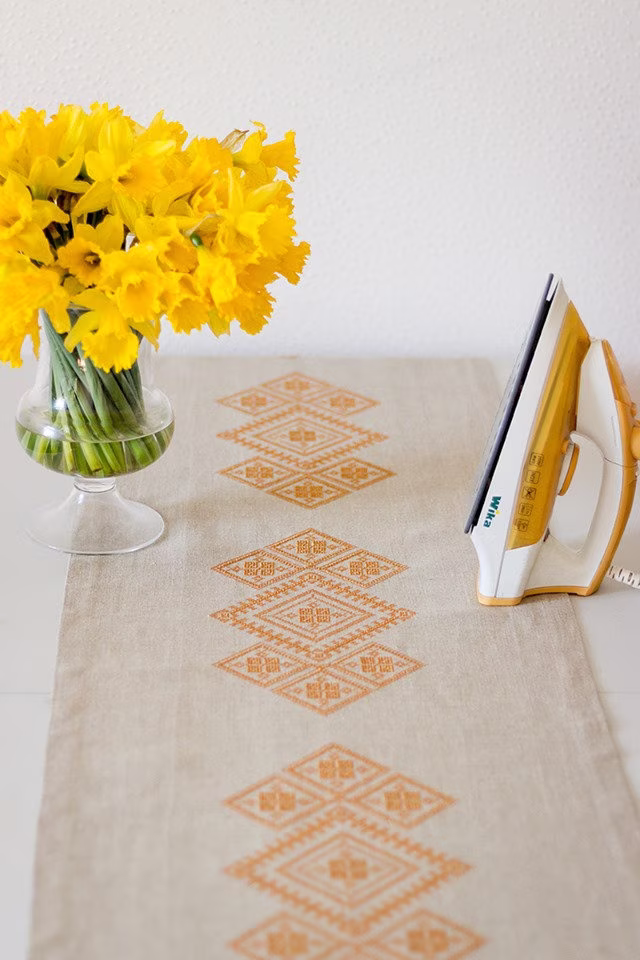 Grey Table Runner, Linen Tablecloth, Easter Latvian Signs
