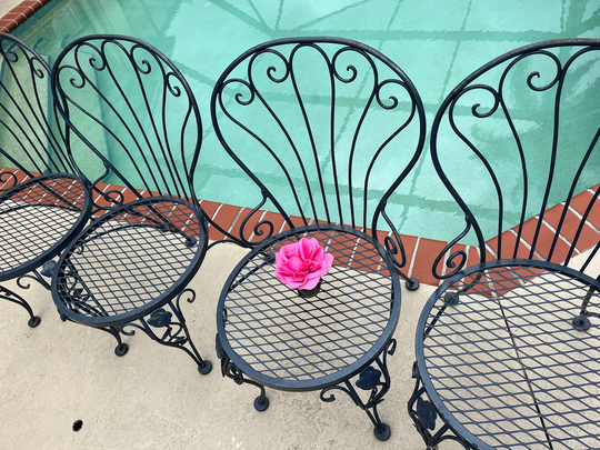 Pair Chantilly Rose Chairs Wrought Iron Russel Woodard Style Patio Chairs, Shabby Chic Scroll
