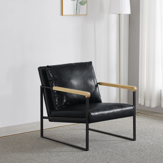 Faux Leather Upholstery Chair, Sofa Chair Upholstered Accent Chair with Wood Arms&Metal Frame for Lounge Living Room Bed Room