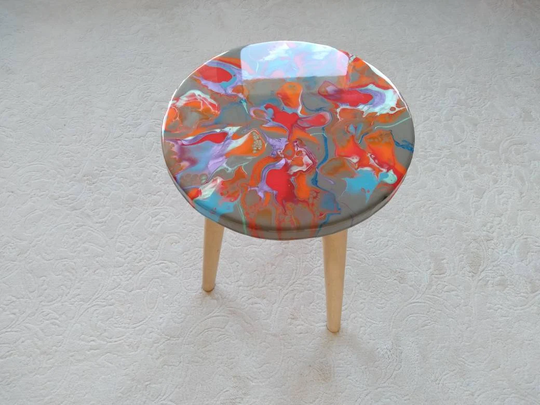 Round Red Orange Resin Coffee Table, Bedside Purple Grey Modern Unique Wood Handmade Wooden Abstract Art Sofa Side End Amazing Table