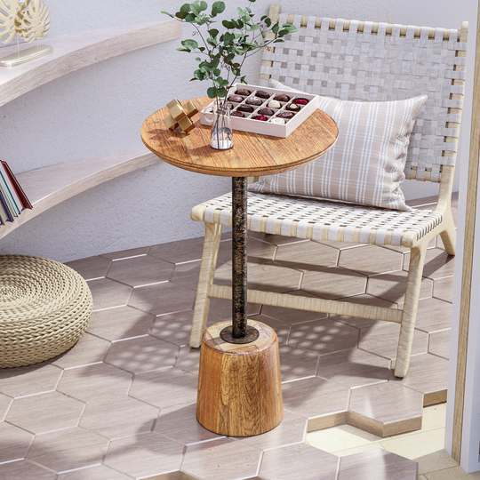 COZAYH Farmhouse Pedestal End table, Rustic Wood Drink Table with Base, Round Martini Table for Small Space Living Room