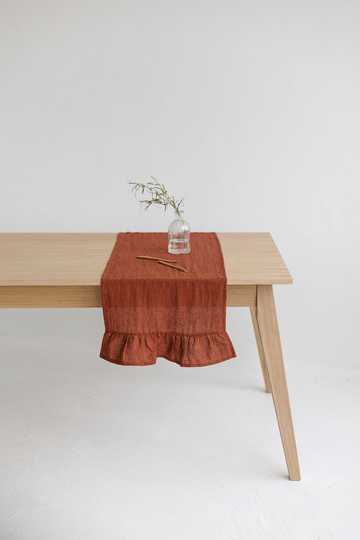 Rusty Linen Table Runner With Ruffle, Soft Runner, Rustic Christmas Decor, Ruffled Long