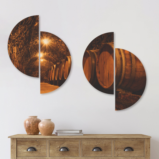 Designart 'Oak Barrels in the Tunnel' Landscape Wood Wall Art Set of 4 Half Circles - Multi-Color